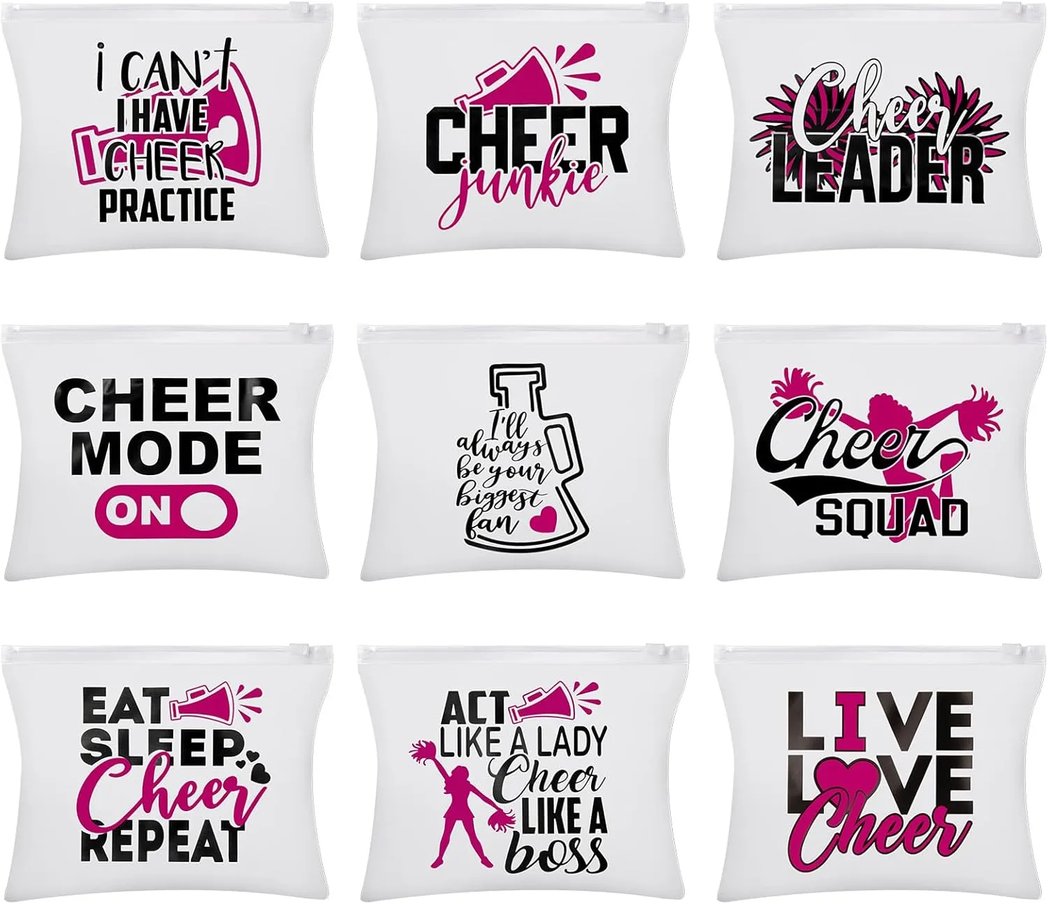 100 Pcs Goodie Bags - Frosted Plastic Makeup Case with Quotes; Team Presents, Cheer Zipper Pouch, 9 Designs (8 x 6 in)