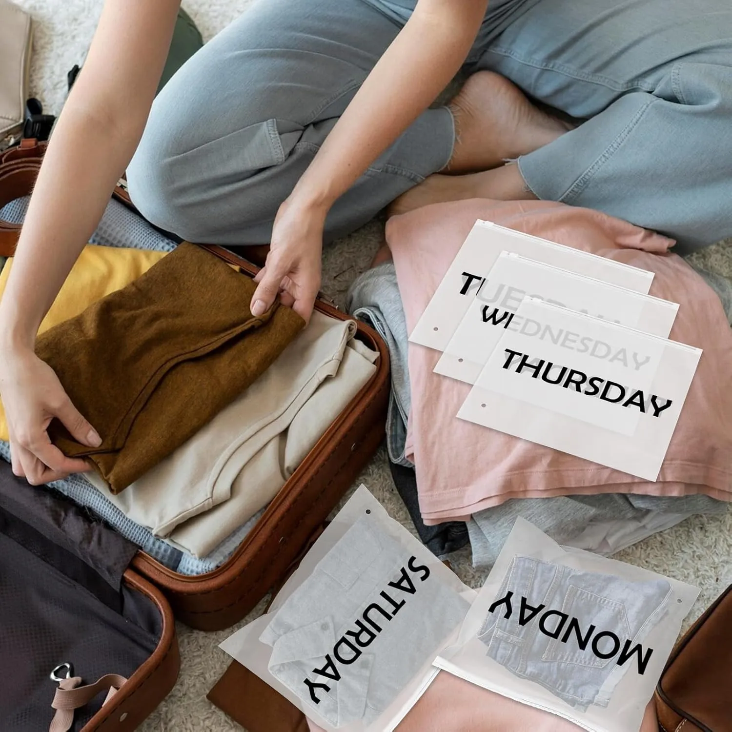 14pcs Days of Week Packing Cubes Luggage Organizers for Suitcase Plastic Zipper Bags for Travel Plastic Organizer Bags with Zipper Packing Cubes for Travel Days of the Week