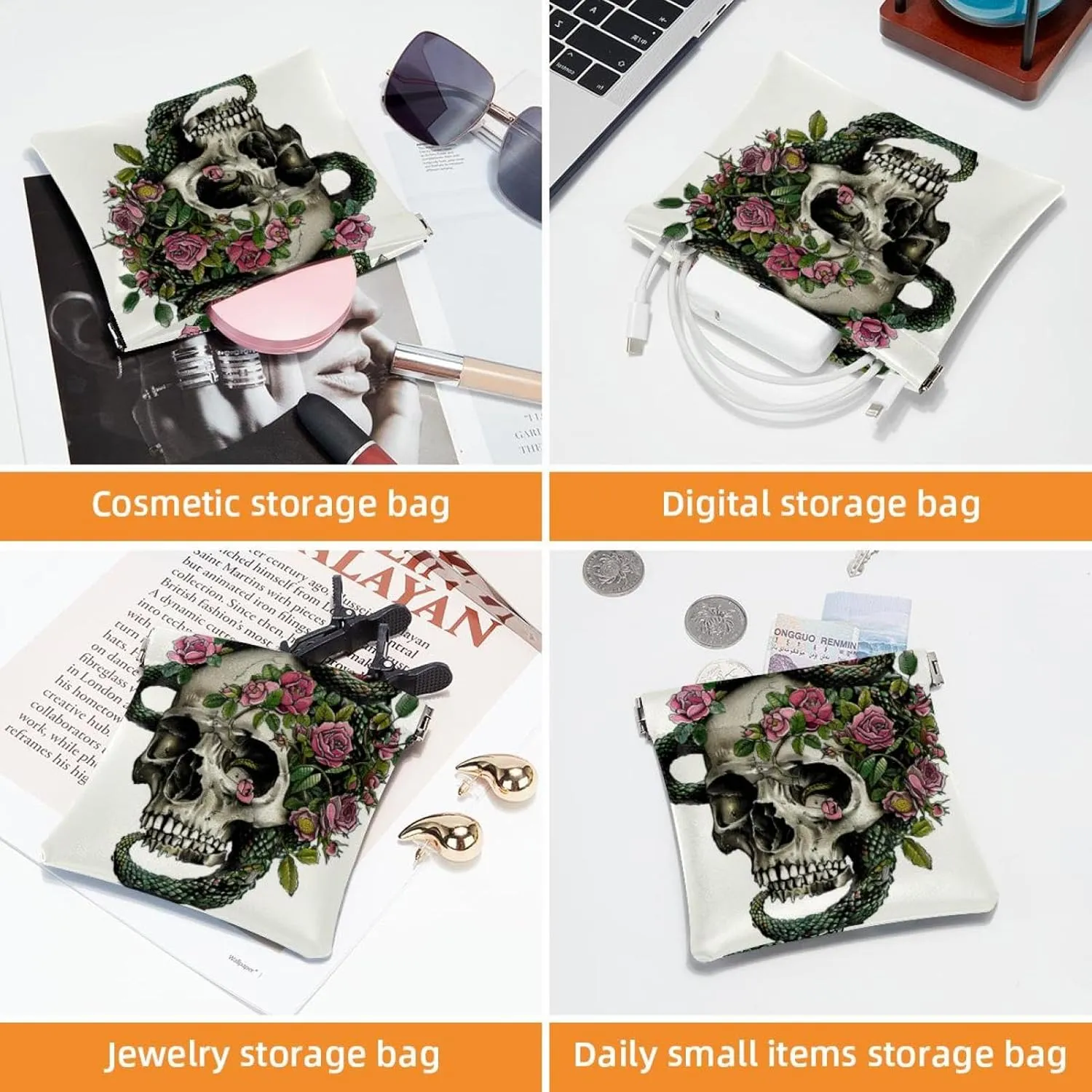 2 Pcs Faux Leather Pocket Cosmetic Bag, Small Makeup Pouch, Mini Pocket Pouch, Multifunctional Travel Storage Bag, Skull Flower Snake Halloween