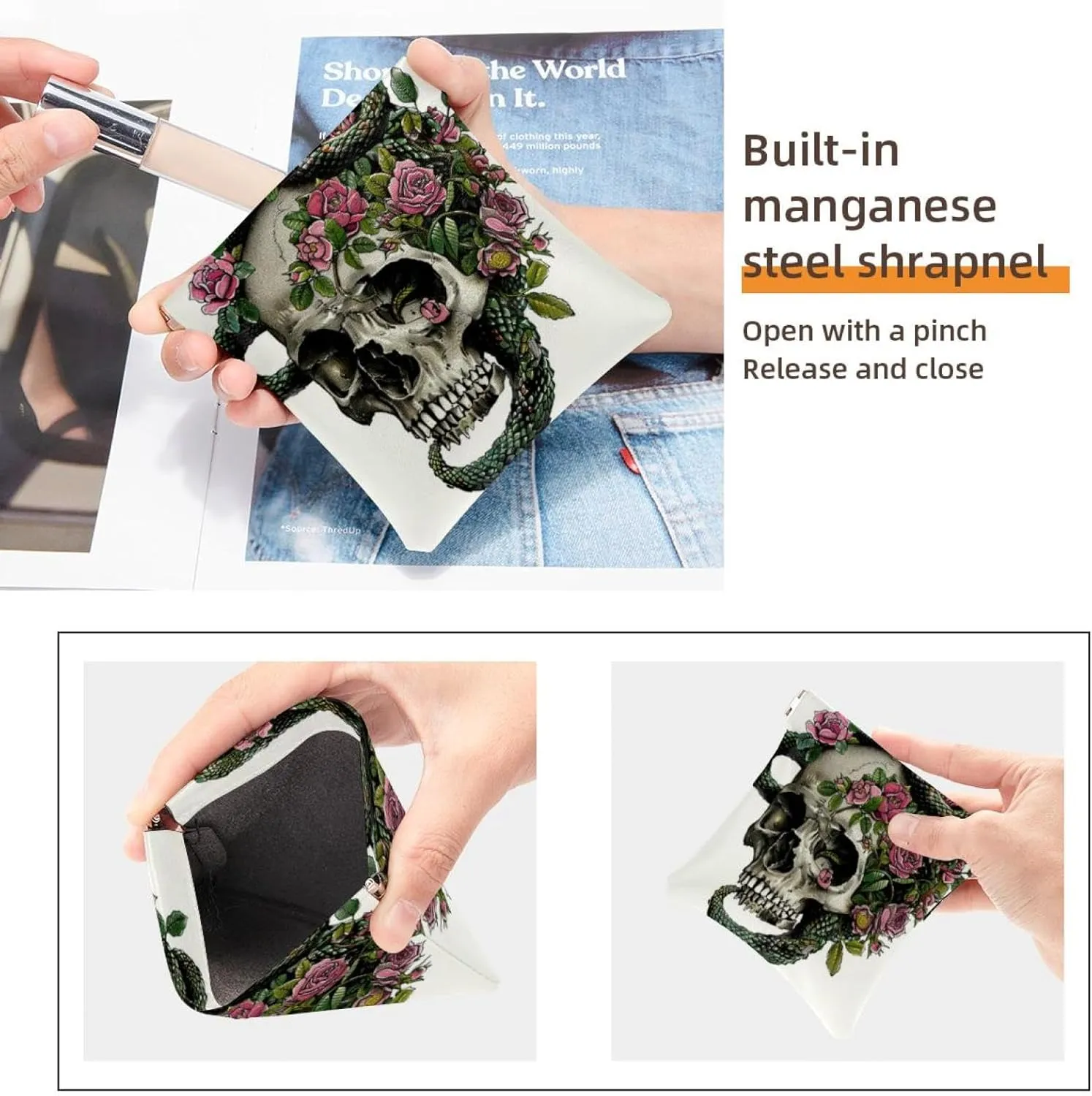 2 Pcs Faux Leather Pocket Cosmetic Bag, Small Makeup Pouch, Mini Pocket Pouch, Multifunctional Travel Storage Bag, Skull Flower Snake Halloween