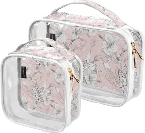 2 Pieces Large Clear Travel Toiletry Bag with Zippers, PVC Waterproof Travel Organizer, Frangipani-lily-hibiscus-flowers-print Plastic Tote Bags.