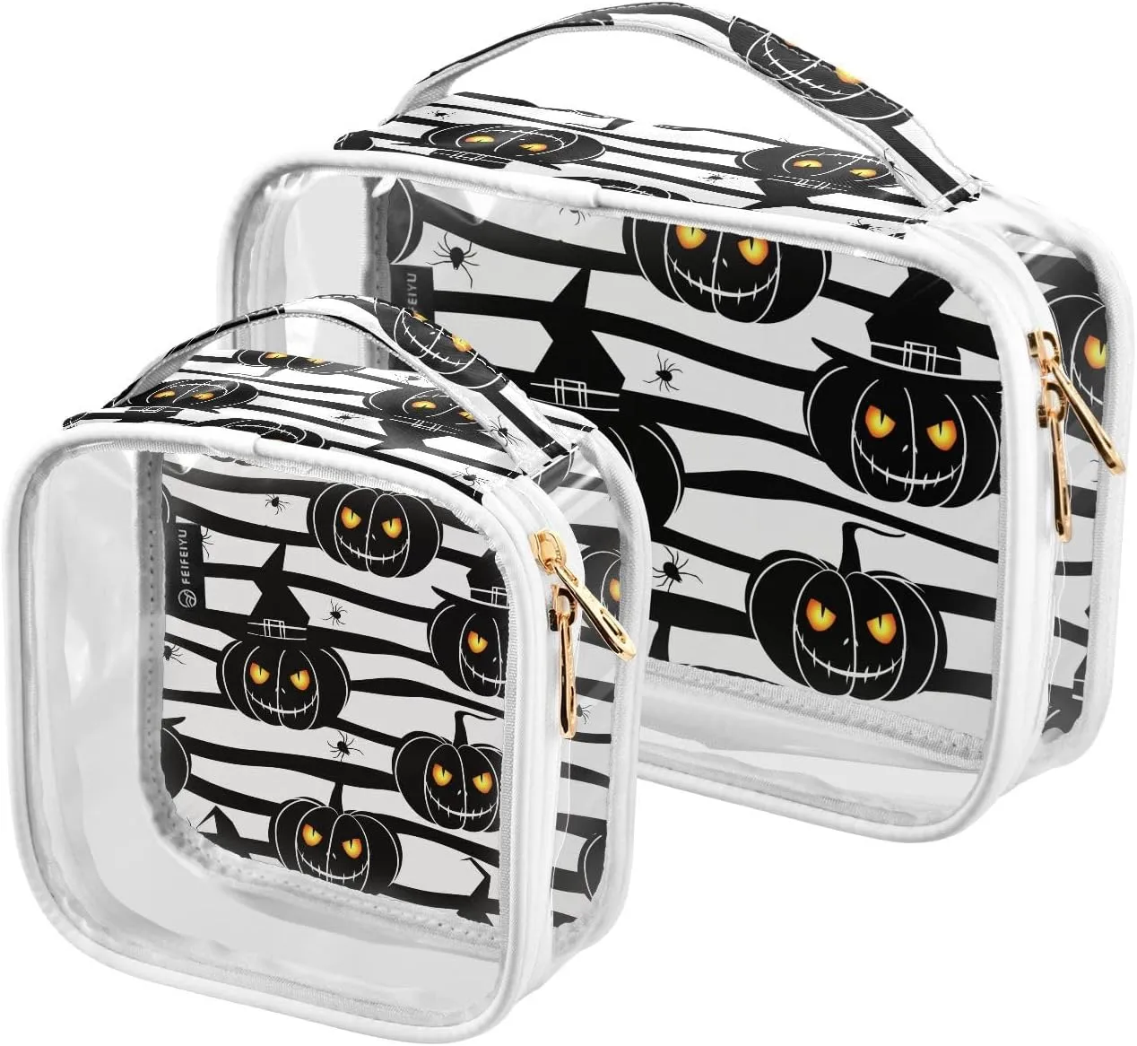 2 Pieces Large Clear Travel Toiletry Bag with Zippers, PVC Waterproof Travel Organizer, Pumpkins-spiders-strip Plastic Tote Bags.