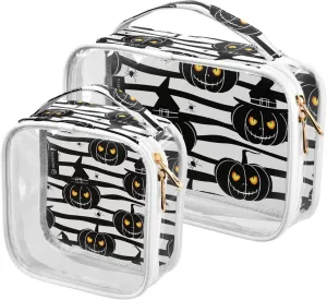 2 Pieces Large Clear Travel Toiletry Bag with Zippers, PVC Waterproof Travel Organizer, Pumpkins-spiders-strip Plastic Tote Bags.