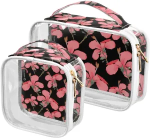2 Pieces Large Clear Travel Toiletry Bag with Zippers, PVC Waterproof Travel Organizer, Red-hibiscus-flowers-white-print Plastic Tote Bags.