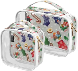 2 Pieces Large Clear Travel Toiletry Bag with Zippers, PVC Waterproof Travel Organizer, Watercolor-snowy-christmas-pattern Plastic Tote Bags.