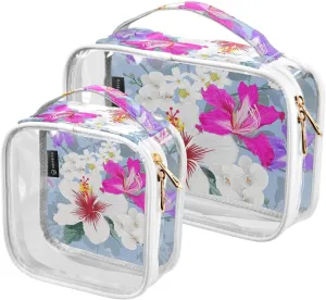 2 Pieces Large Clear Travel Toiletry Bag with Zippers, PVC Waterproof Travel Organizer, White-hibiscus-pink-wild Flowers Plastic Tote Bags.