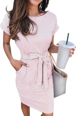 2025 Womens Summer Vacation Dresses Short Sleeve Casual Tie Waist Striped Crewneck Trendy Resort Wear Dress
