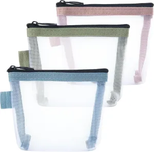 3pcs Mini Mesh Bag with Zipper, Clear Nylon Mesh Pouches, Portable Travel Makeup Organizer Bags for Cosmetic Lipstick Keys Headphones- Blue & Pink & Green