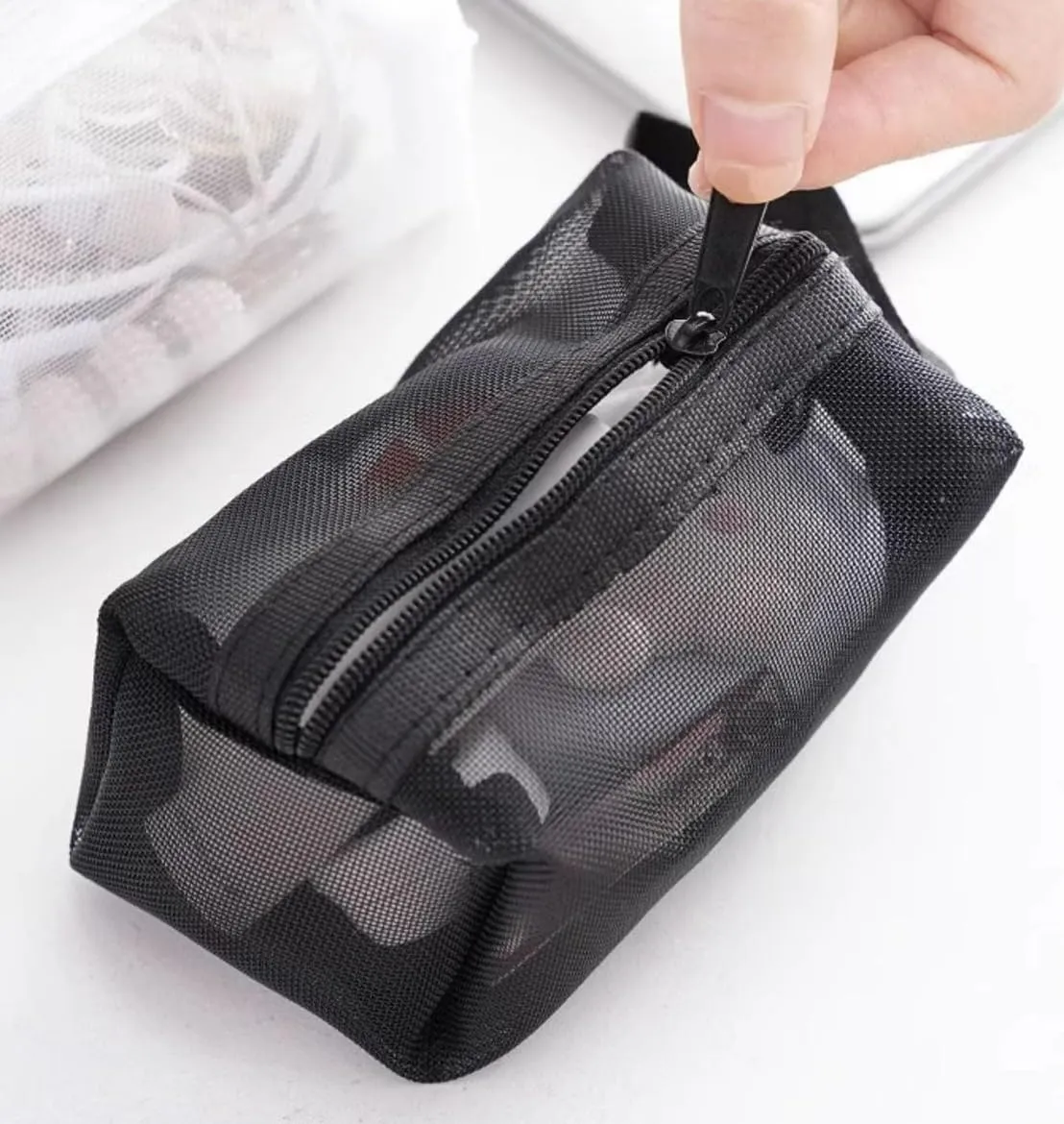 3Pcs Portable Square Mesh Storage Bag, Mesh Toiletry Bags Zippered Mesh Cosmetic Bag, Small Square Mesh Coin Purse Storage Carry Pouch for Travel (3PCS Black)
