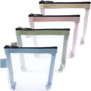 4pcs Mini Mesh Bag with Zipper, Clear Nylon Mesh Pouches, Portable Travel Makeup Organizer Bags for Cosmetic Lipstick Keys Headphones- Blue & Pink & Green & Yellow