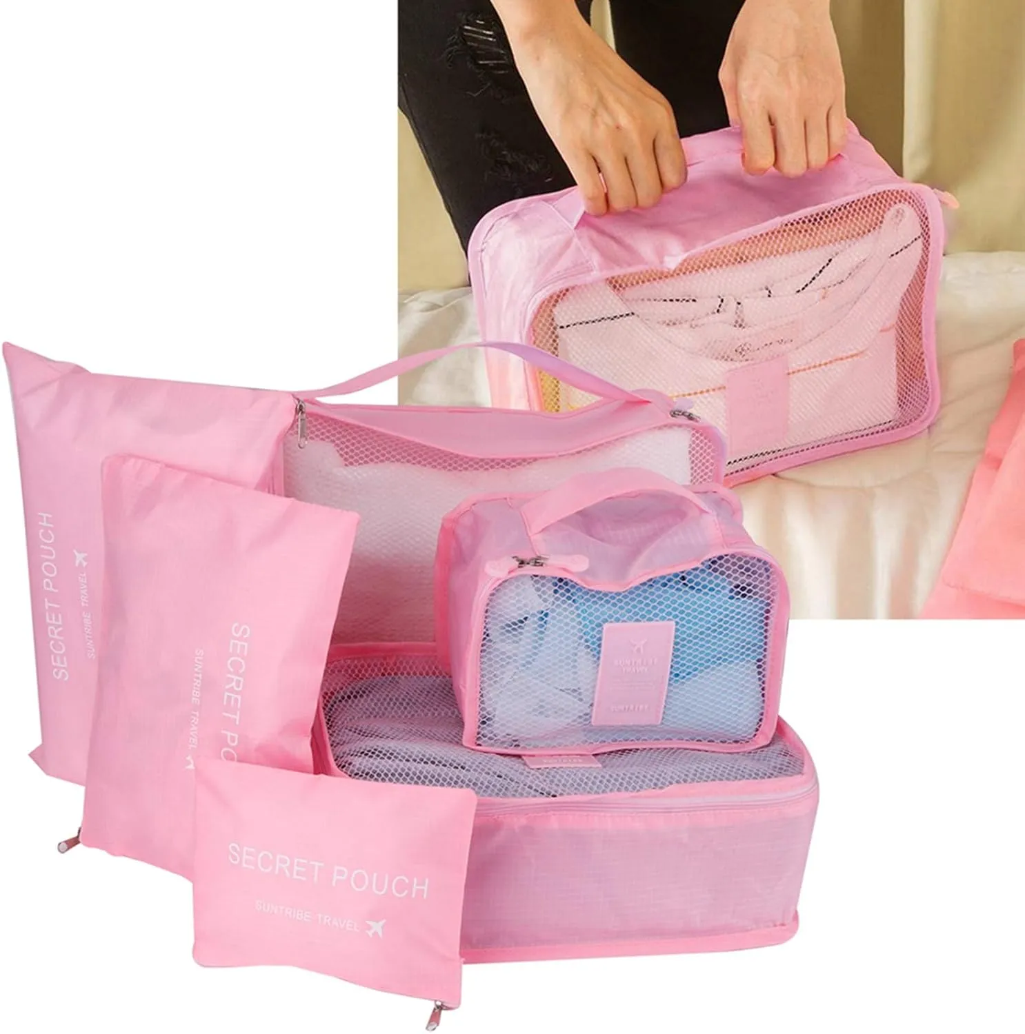 6 Set Travel Storage Bags, Multifunctional Travel Luggage Organizer Clothing Sorting Packages Travel Packing Pouches Packing Cubes (Pinkish)