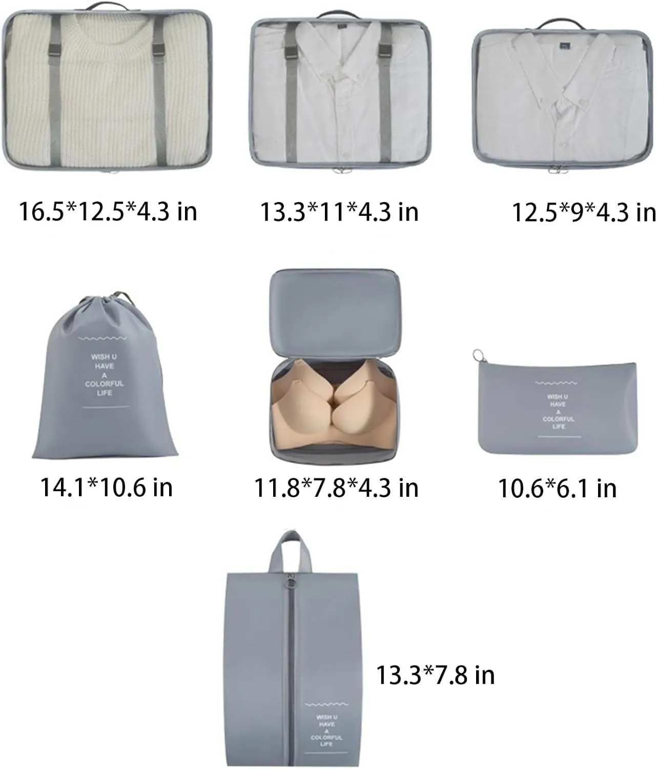 7set Packing Cubes for Suitcases - Polyester Travel Storage Bags with Mesh, Breathable, Durable Compression, Shoe Bag - White - 107.6L - 7pcs