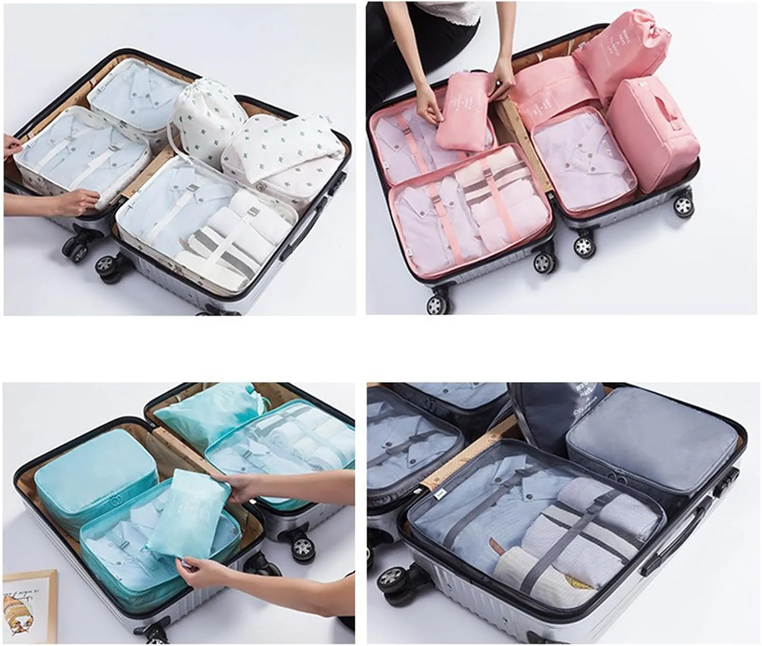 7set Packing Cubes for Suitcases - Polyester Travel Storage Bags with Mesh, Breathable, Durable Compression, Shoe Bag - White - 107.6L - 7pcs