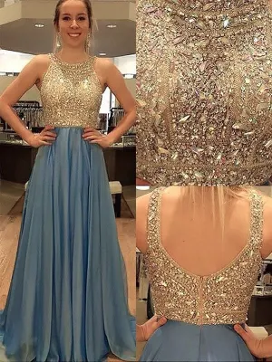 A-Line/Princess Sleeveless Scoop Chiffon Beading Sweep/Brush Train Dresses