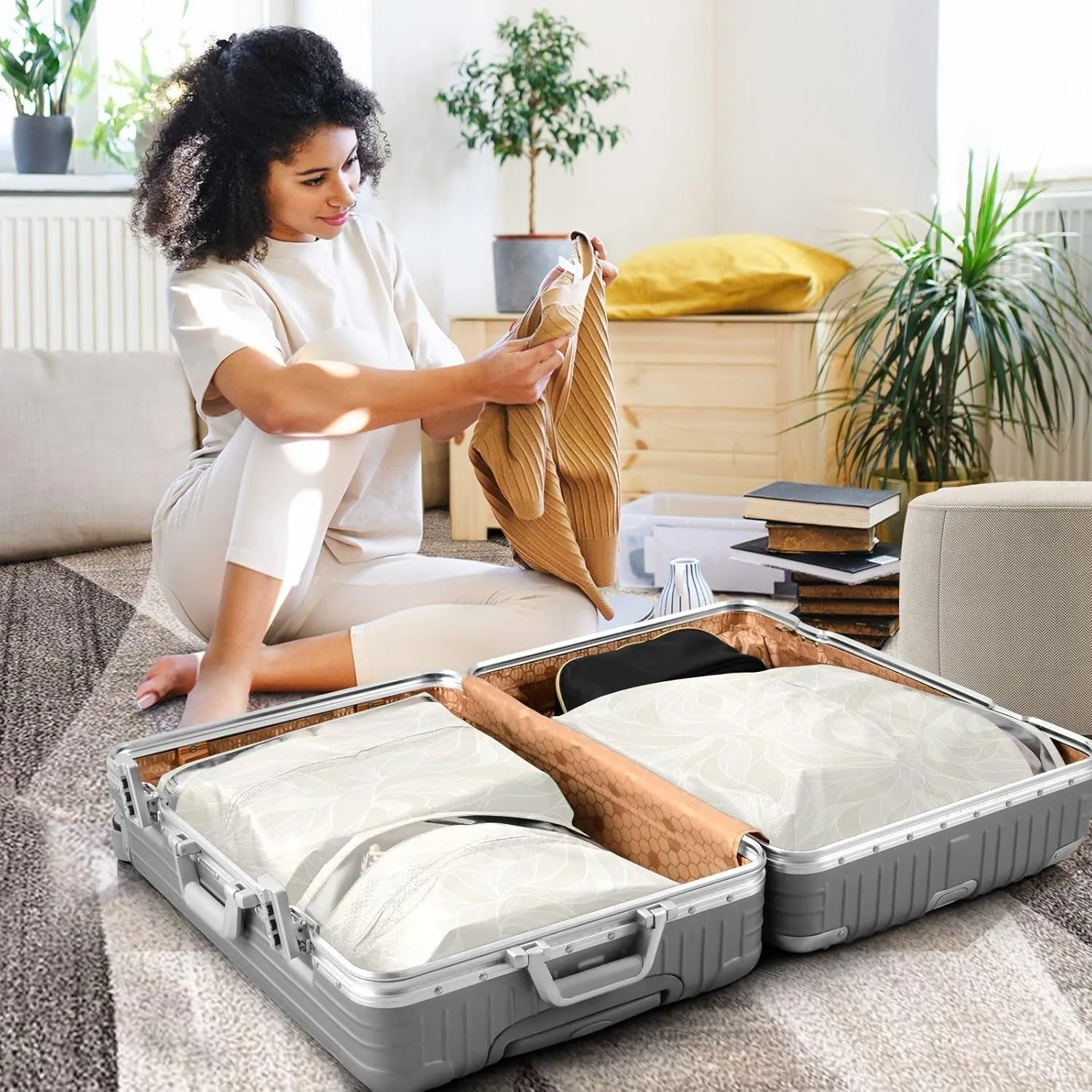 Abstract Grey White 3 Set Travel Packing Cubes For Suitcases, Foldable, Garment Bag Closet Storage, Luggage Space Saver, Luggages Management Personnel
