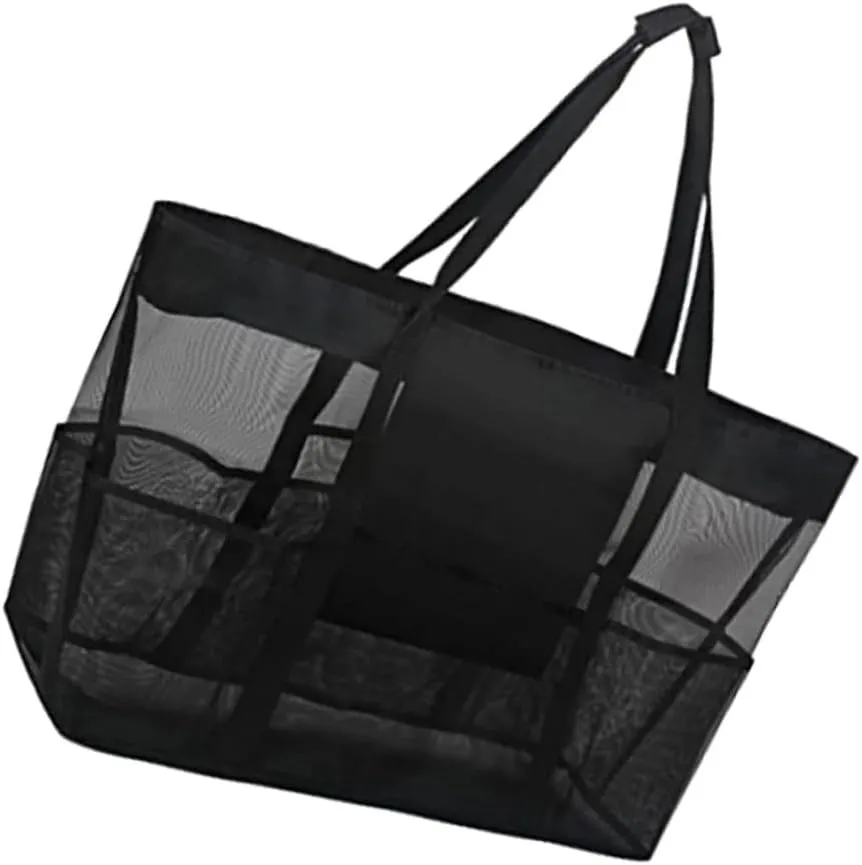 Alipis Practical Beach Mesh Tote Bag with Carrying Straps Portable Clothes Storage Pouch for Travel and Bathroom Use for Collecting Shells Black