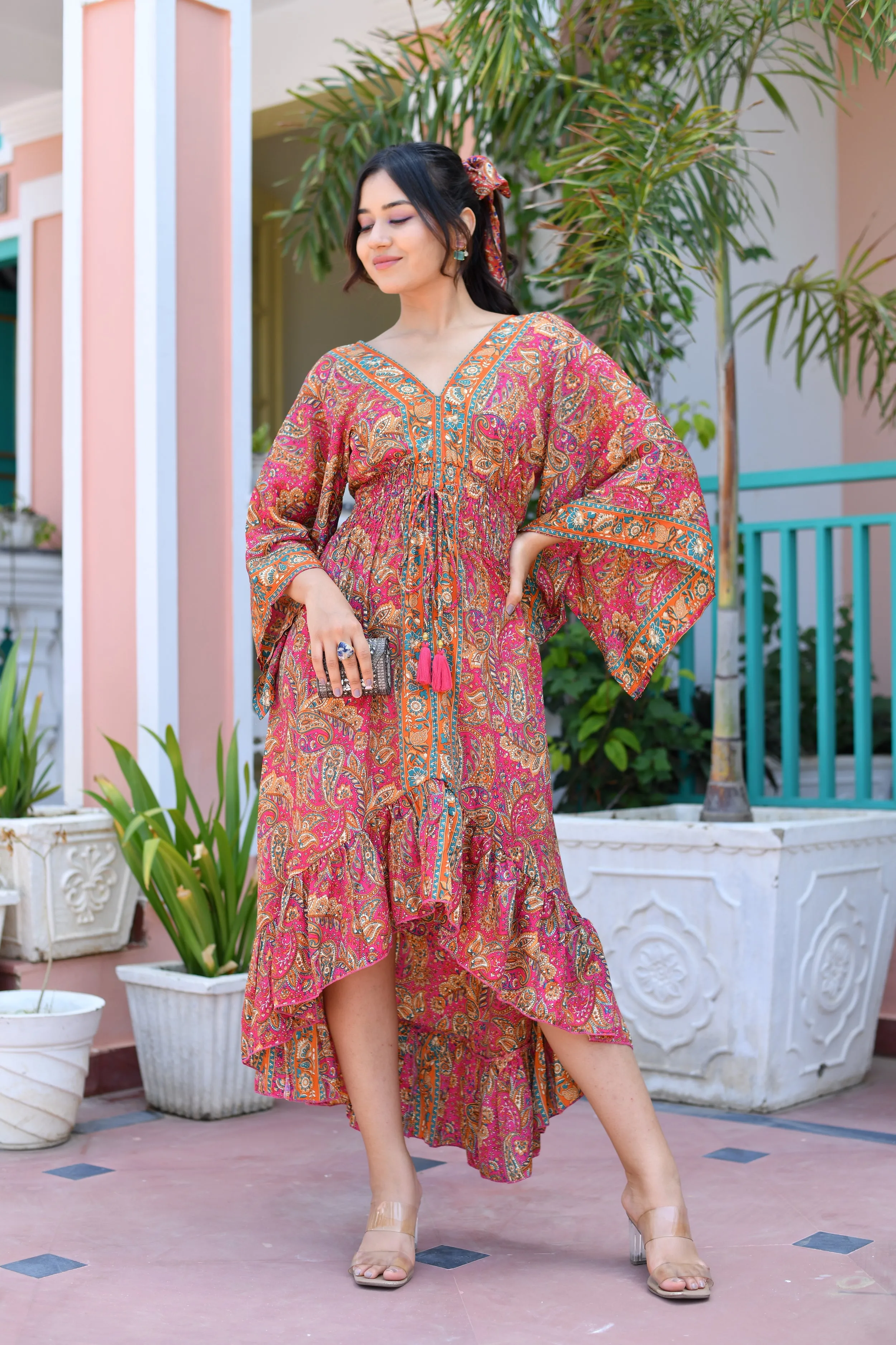Asymmetric Bell Sleeves Boho Printed Maxi Dress