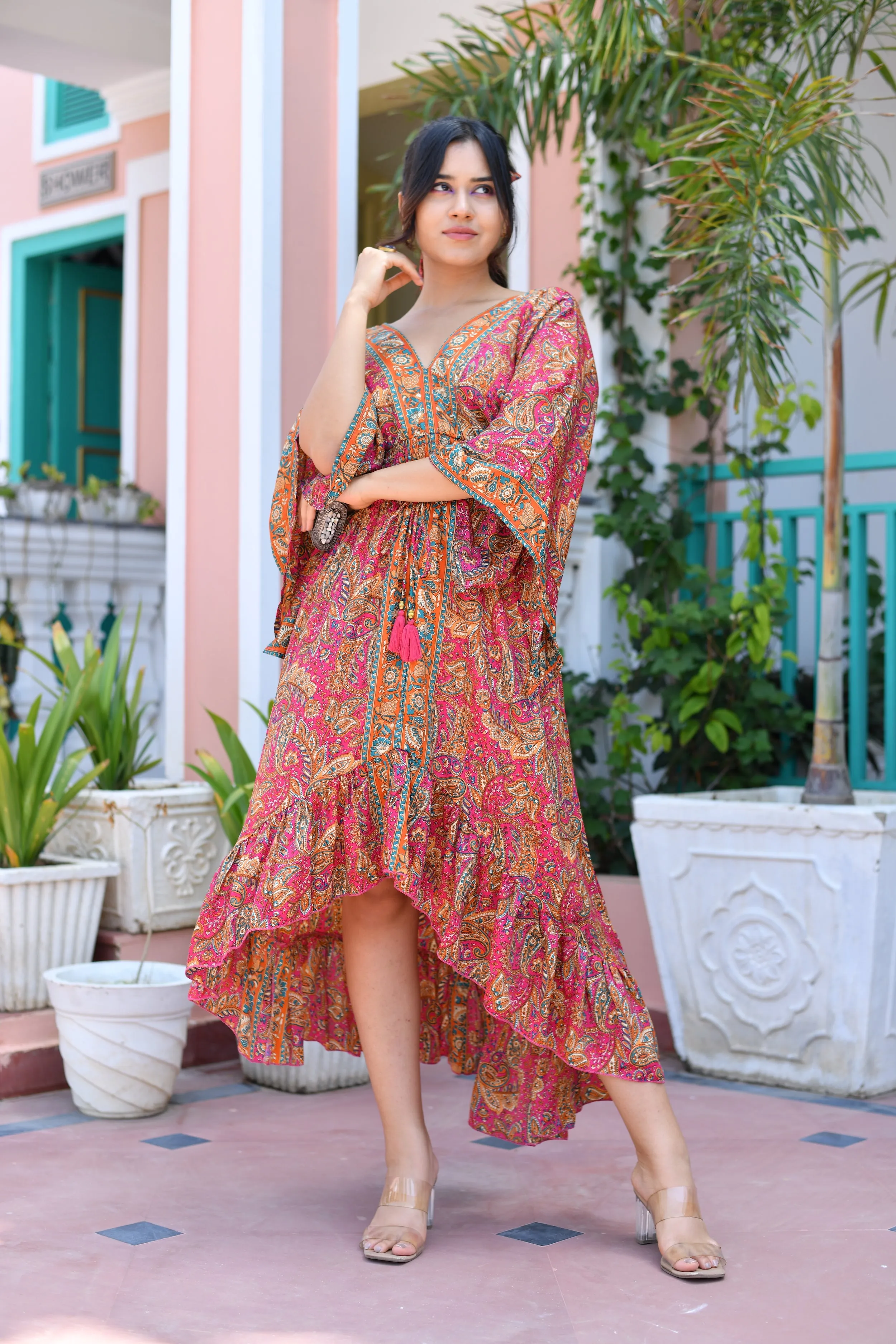 Asymmetric Bell Sleeves Boho Printed Maxi Dress