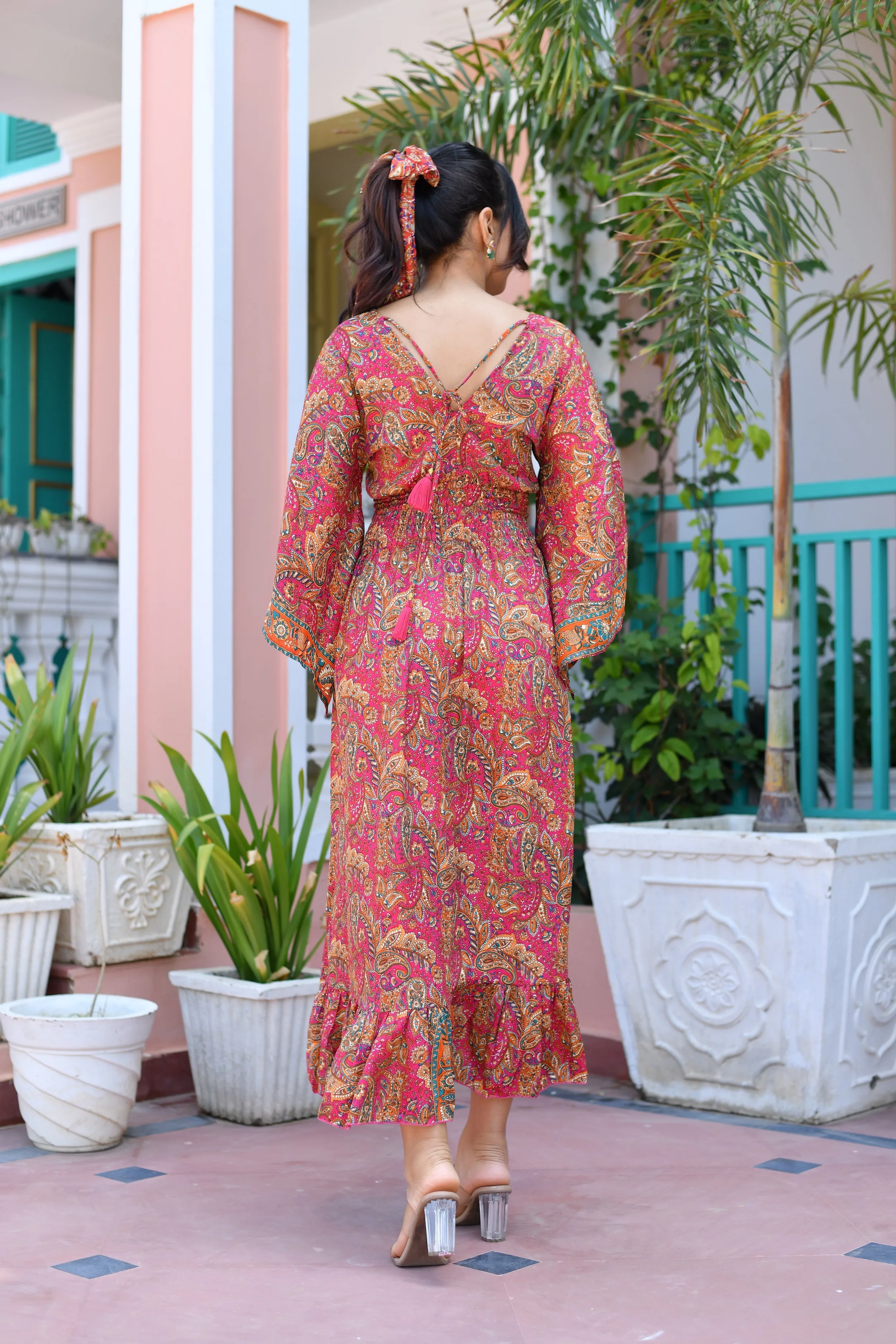 Asymmetric Bell Sleeves Boho Printed Maxi Dress