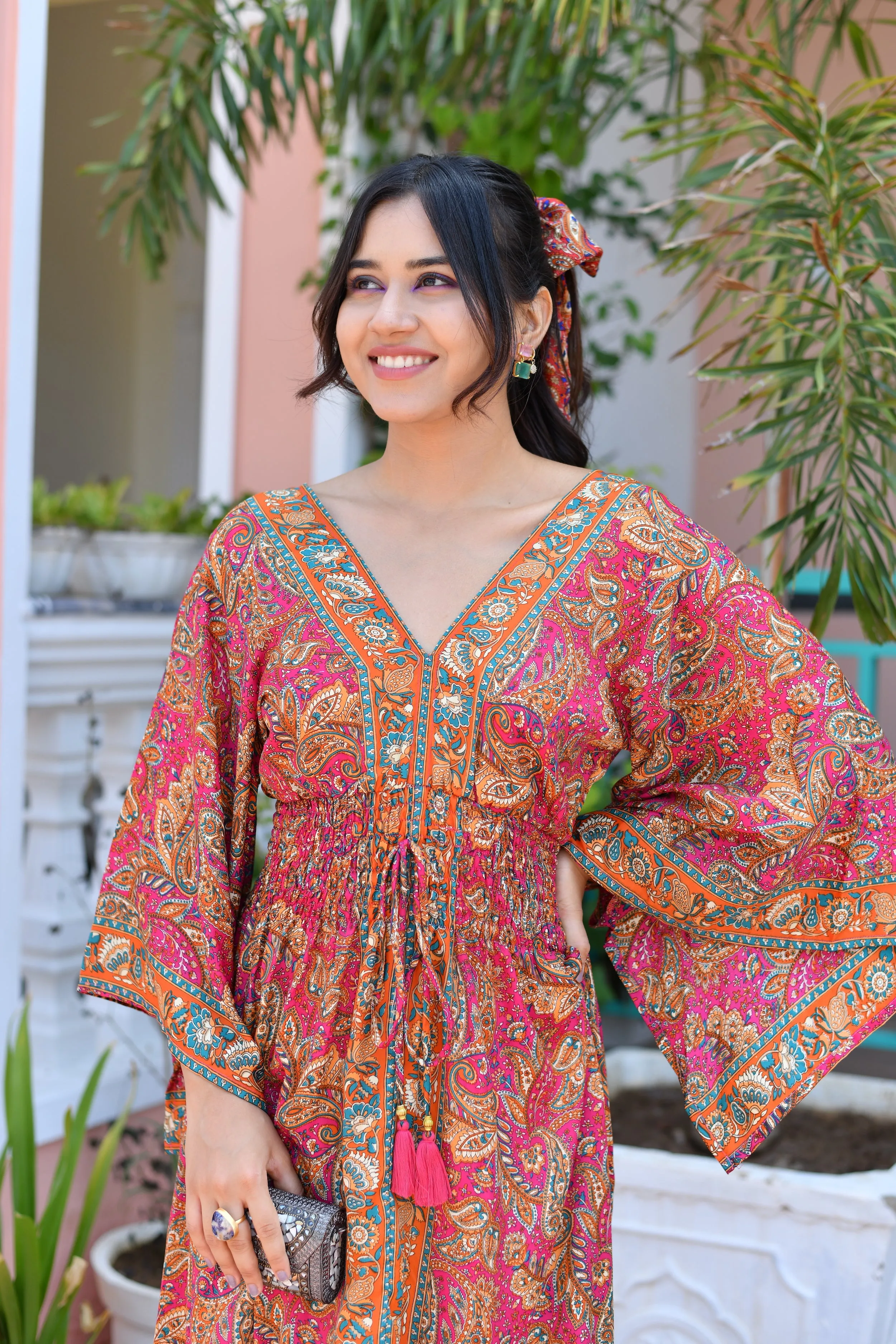 Asymmetric Bell Sleeves Boho Printed Maxi Dress
