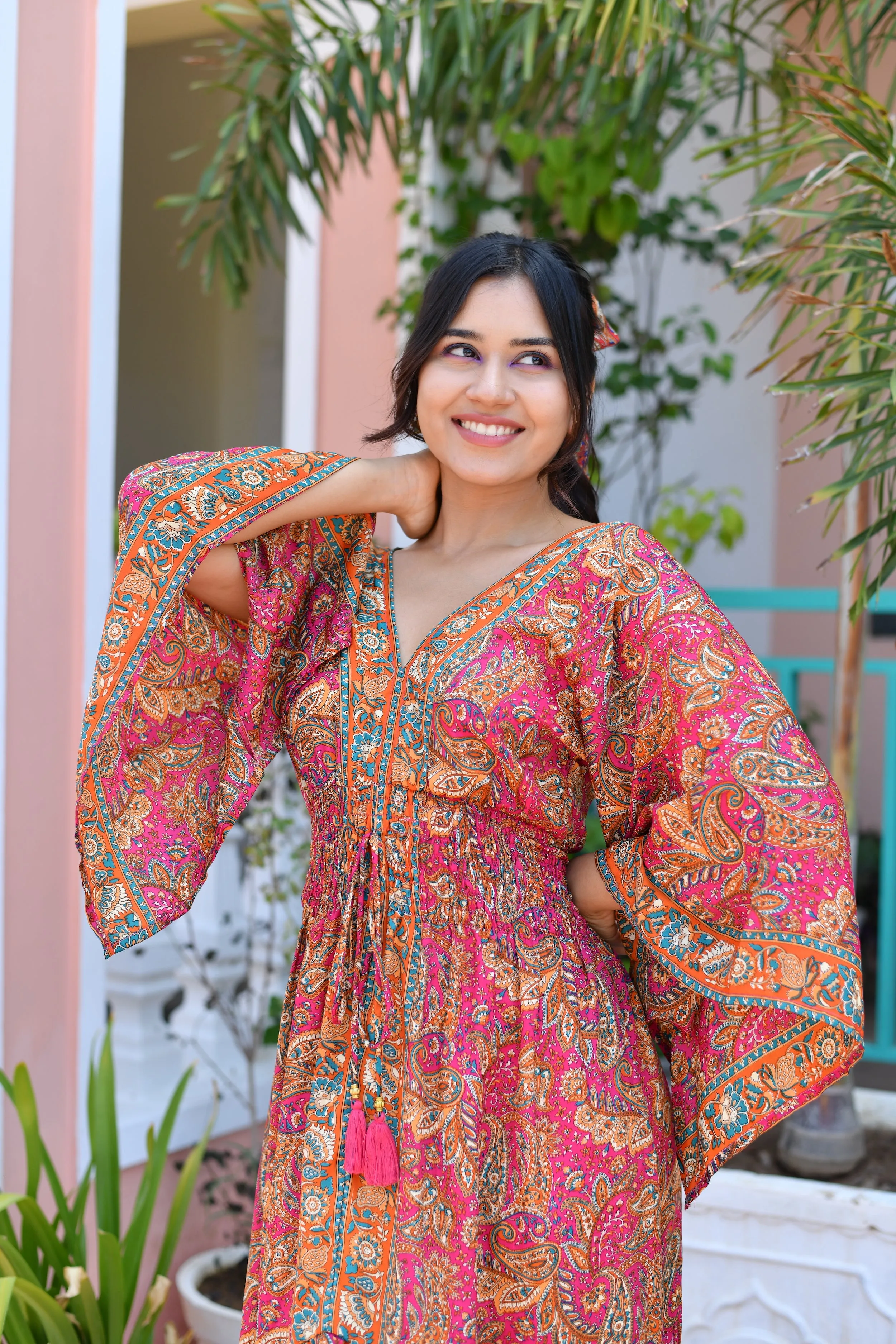 Asymmetric Bell Sleeves Boho Printed Maxi Dress