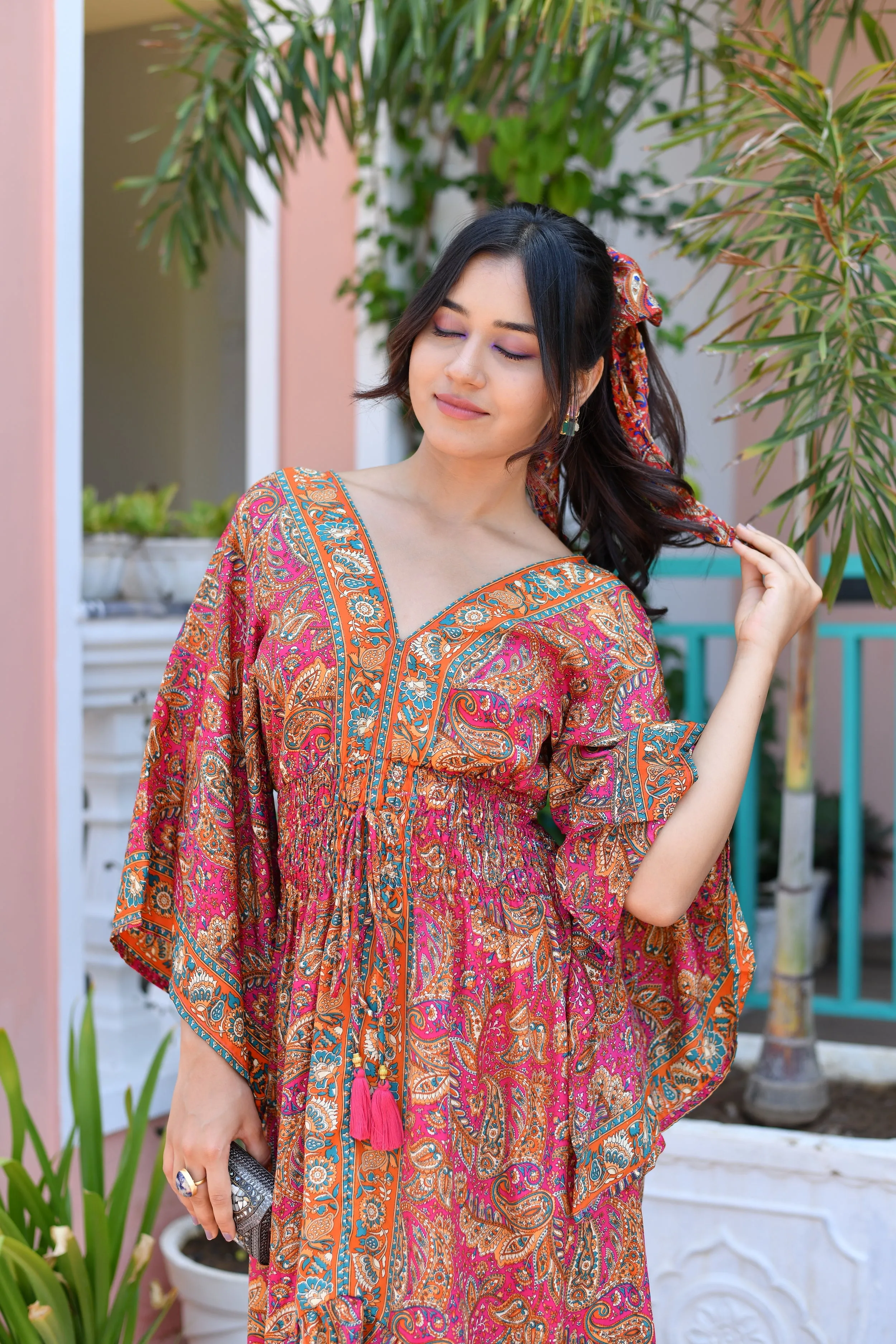 Asymmetric Bell Sleeves Boho Printed Maxi Dress