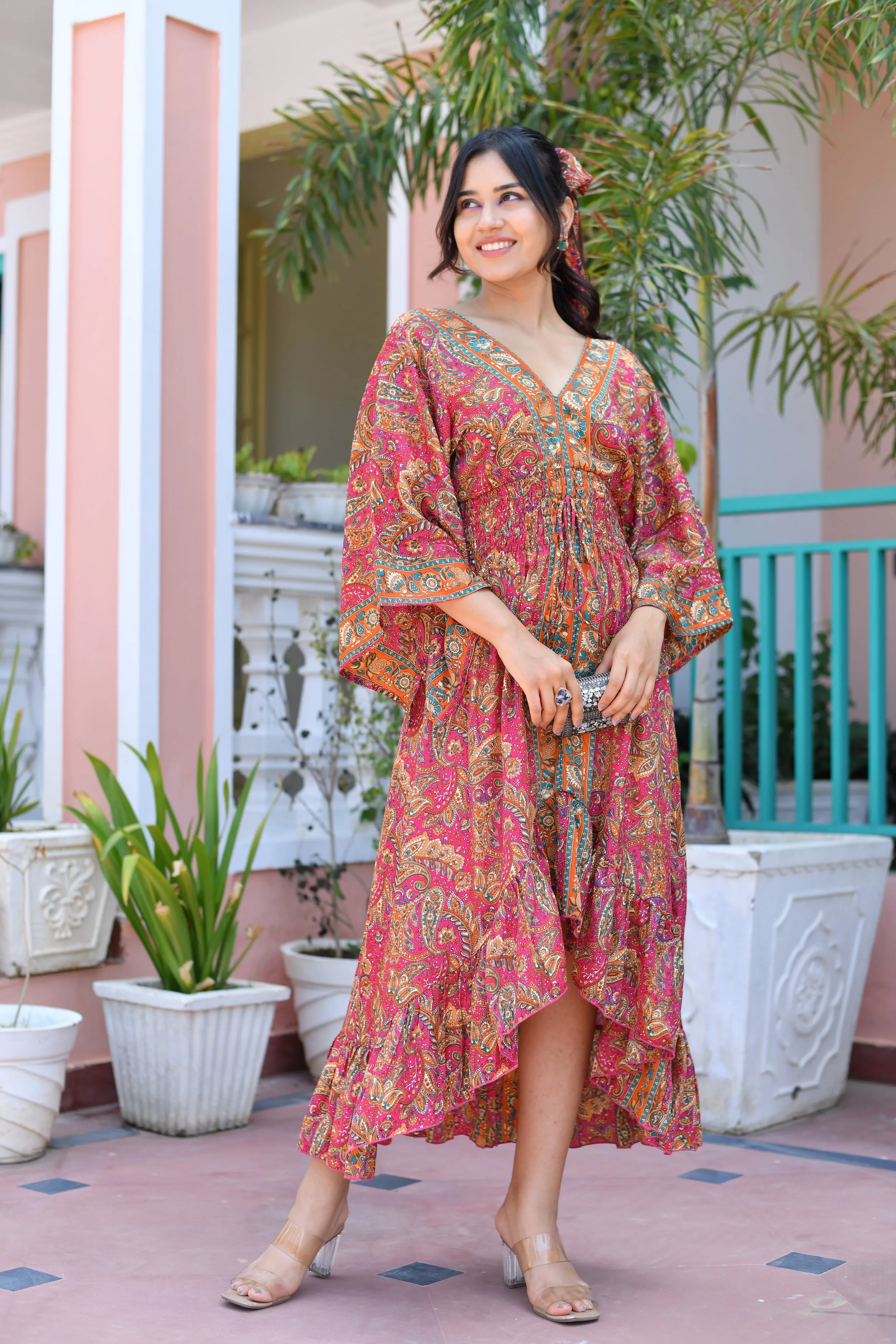 Asymmetric Bell Sleeves Boho Printed Maxi Dress