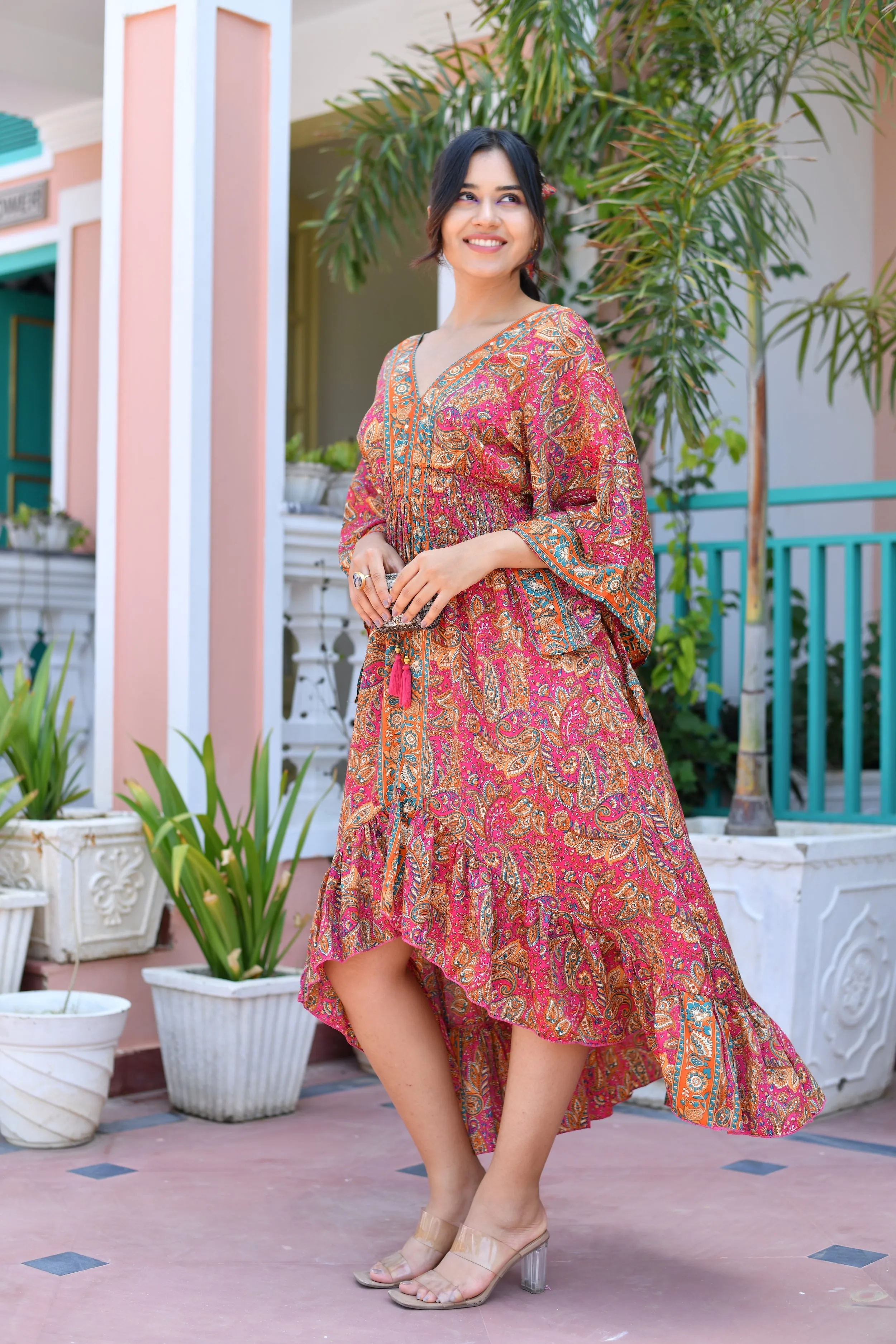 Asymmetric Bell Sleeves Boho Printed Maxi Dress
