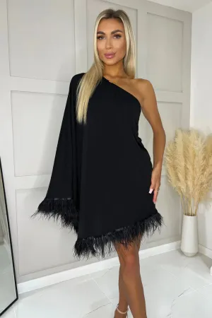 AX Paris Black One Shoulder Batwing Sleeve Faux Feather Hem Dress