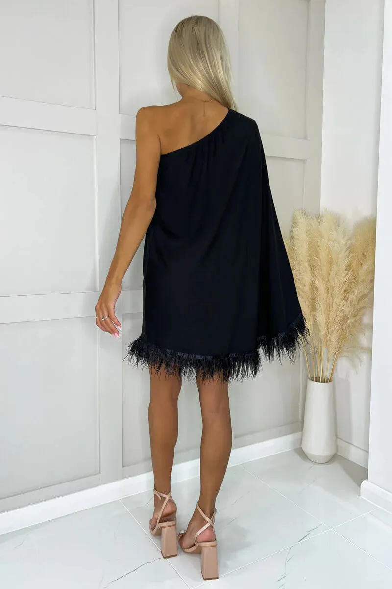 AX Paris Black One Shoulder Batwing Sleeve Faux Feather Hem Dress