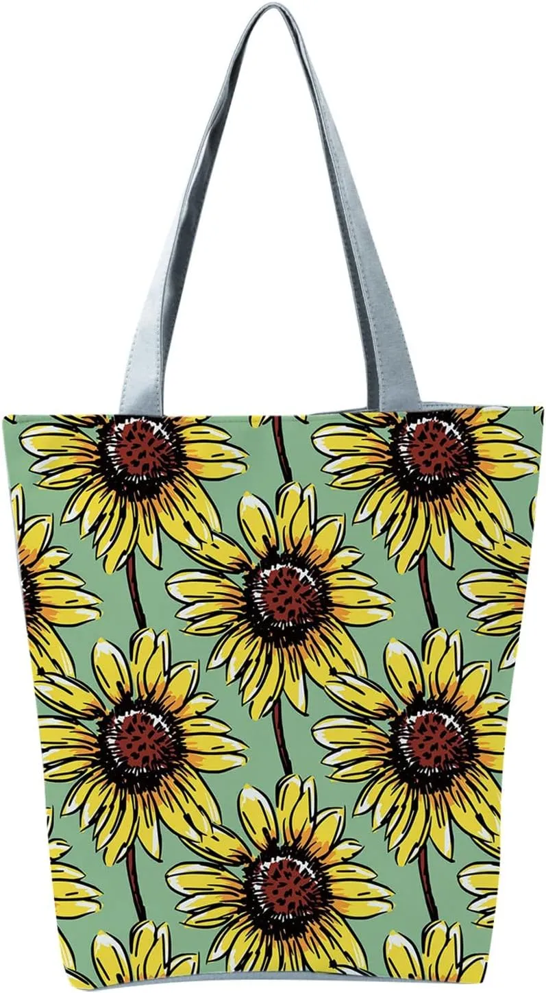 Beach Tote Bag Sunflower Printed Canvas Women's Casual Large Zippered Shoulder Bag For Outdoor Beach Travel Essential i
