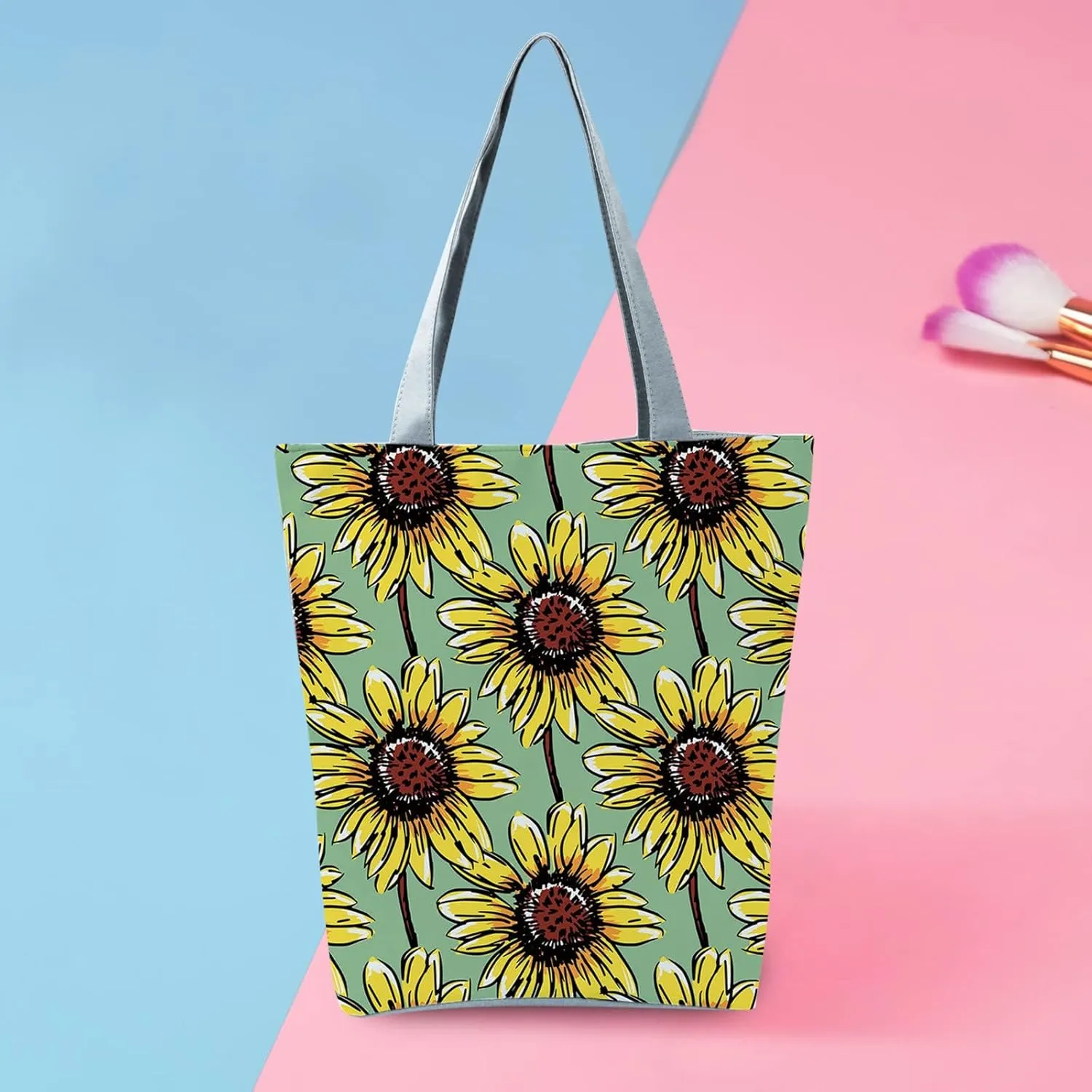 Beach Tote Bag Sunflower Printed Canvas Women's Casual Large Zippered Shoulder Bag For Outdoor Beach Travel Essential i