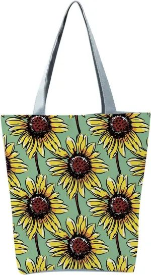 Beach Tote Bag Sunflower Printed Canvas Women's Casual Large Zippered Shoulder Bag For Outdoor Beach Travel Essential i