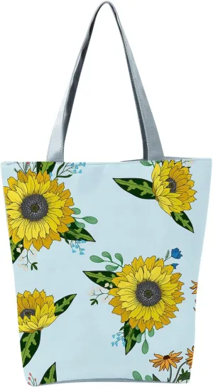 Beach Tote Bag Sunflower Printed Canvas Women's Casual Large Zippered Shoulder Bag For Outdoor Beach Travel Essential i