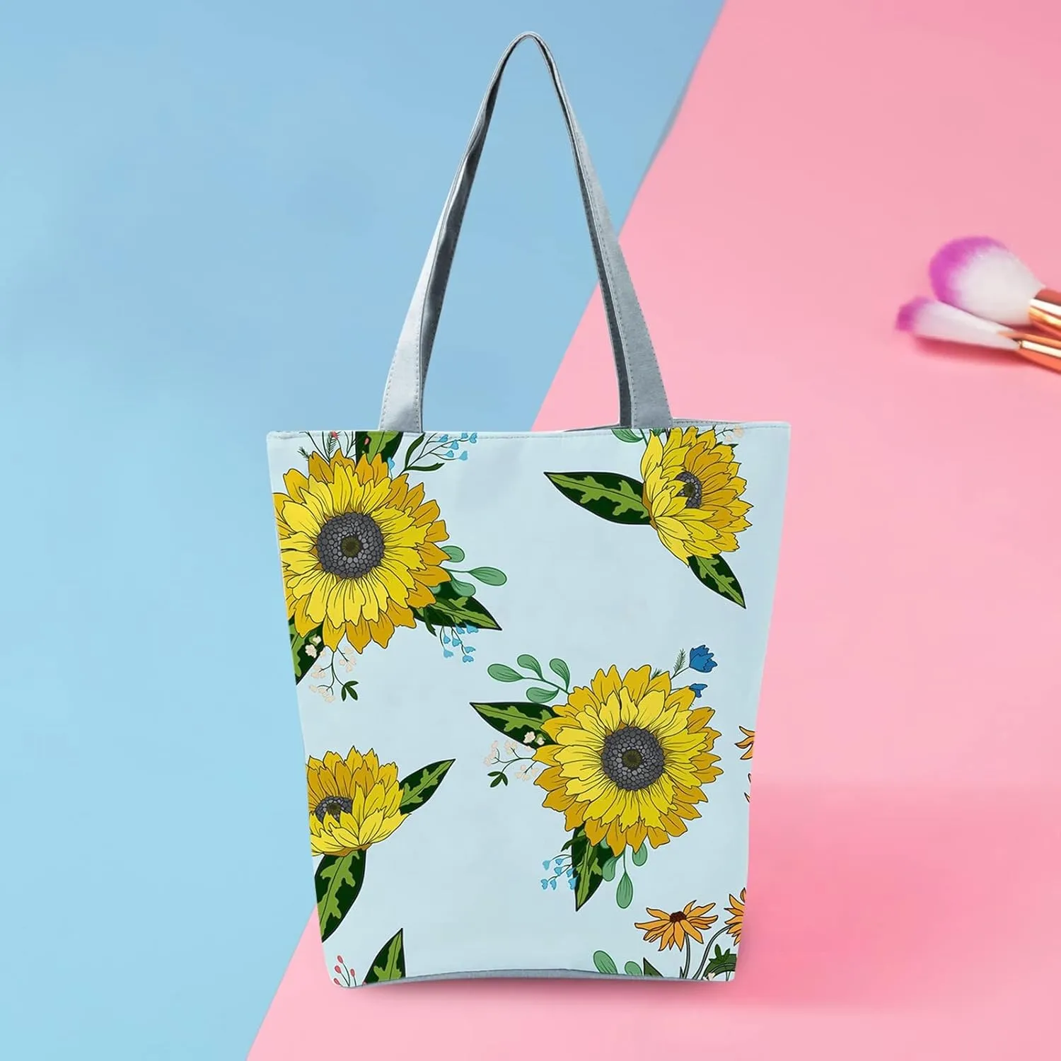 Beach Tote Bag Sunflower Printed Canvas Women's Casual Large Zippered Shoulder Bag For Outdoor Beach Travel Essential i