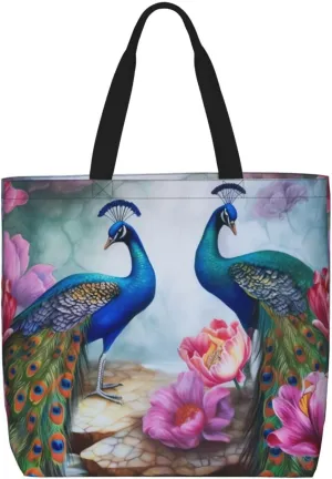 Beautiful Peacocks and Lotuses Tote Bag for Women Hobo Handbags with Zipper Large Shoulder Bag Shopping Bags Travel Purse