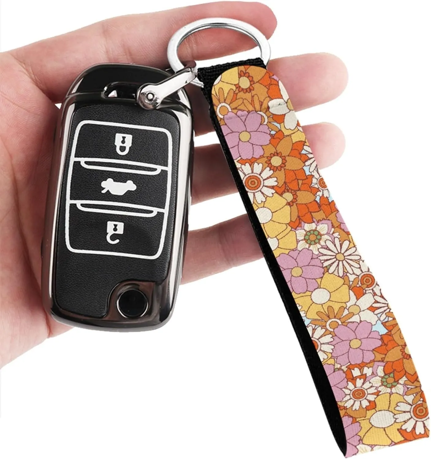 Belidome Abstract Hippie Flower Wristlet Keychain Key Chain Holder with Key Ring Car Auto Accessories for Women Teen Girl