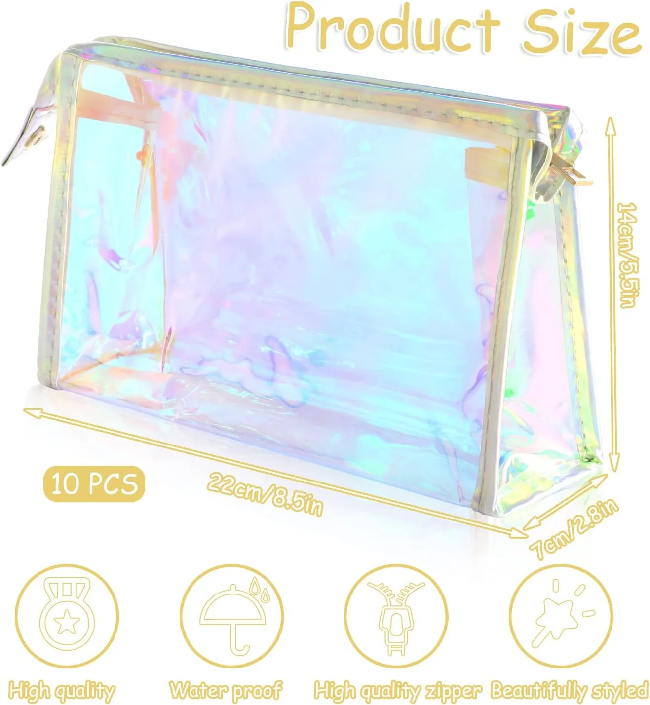 BESARME 10 Pcs Holographic Makeup Bags, Clear PVC Makeup Bag Iridescent Pouch Portable Zippered Toiletry Bag Waterproof Cosmetic Bags Stocking Stuffers for Women Girls Bathroom Vacation