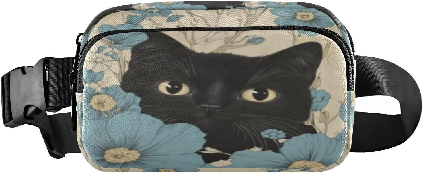 Black Cat Flower Beige Fanny Packs for Women Men Crossbody Bags Everywhere Belt Bag with Adjustable Strap Fashion Waist Pack for Running Travel Daily