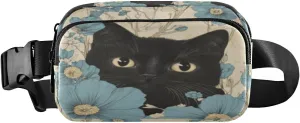Black Cat Flower Beige Fanny Packs for Women Men Crossbody Bags Everywhere Belt Bag with Adjustable Strap Fashion Waist Pack for Running Travel Daily