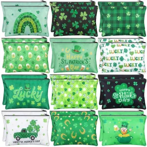 Blosssound 24 Pcs St. Patrick's Day Cosmetic Bags Bulk St. Patrick's Day Makeup Bags Double Sided Printed Shamrock Clover Cosmetic Pouch with Zipper Irish Toiletry Organizer for Party Favors