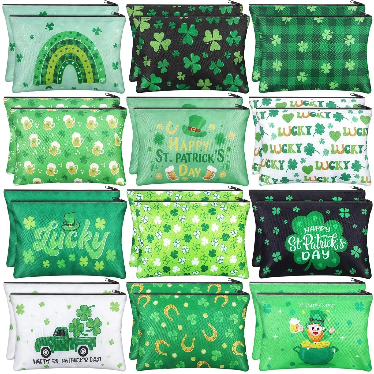 Blosssound 24 Pcs St. Patrick's Day Cosmetic Bags Bulk St. Patrick's Day Makeup Bags Double Sided Printed Shamrock Clover Cosmetic Pouch with Zipper Irish Toiletry Organizer for Party Favors