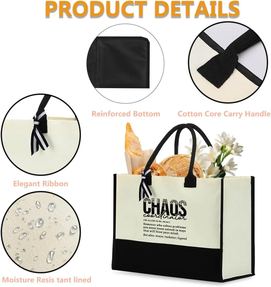 Blue Leaves Chaos Coordinator Waterproof Large Reusable Grocery Bags Tote Bag Thank You Appreciation Gift for Women Boss