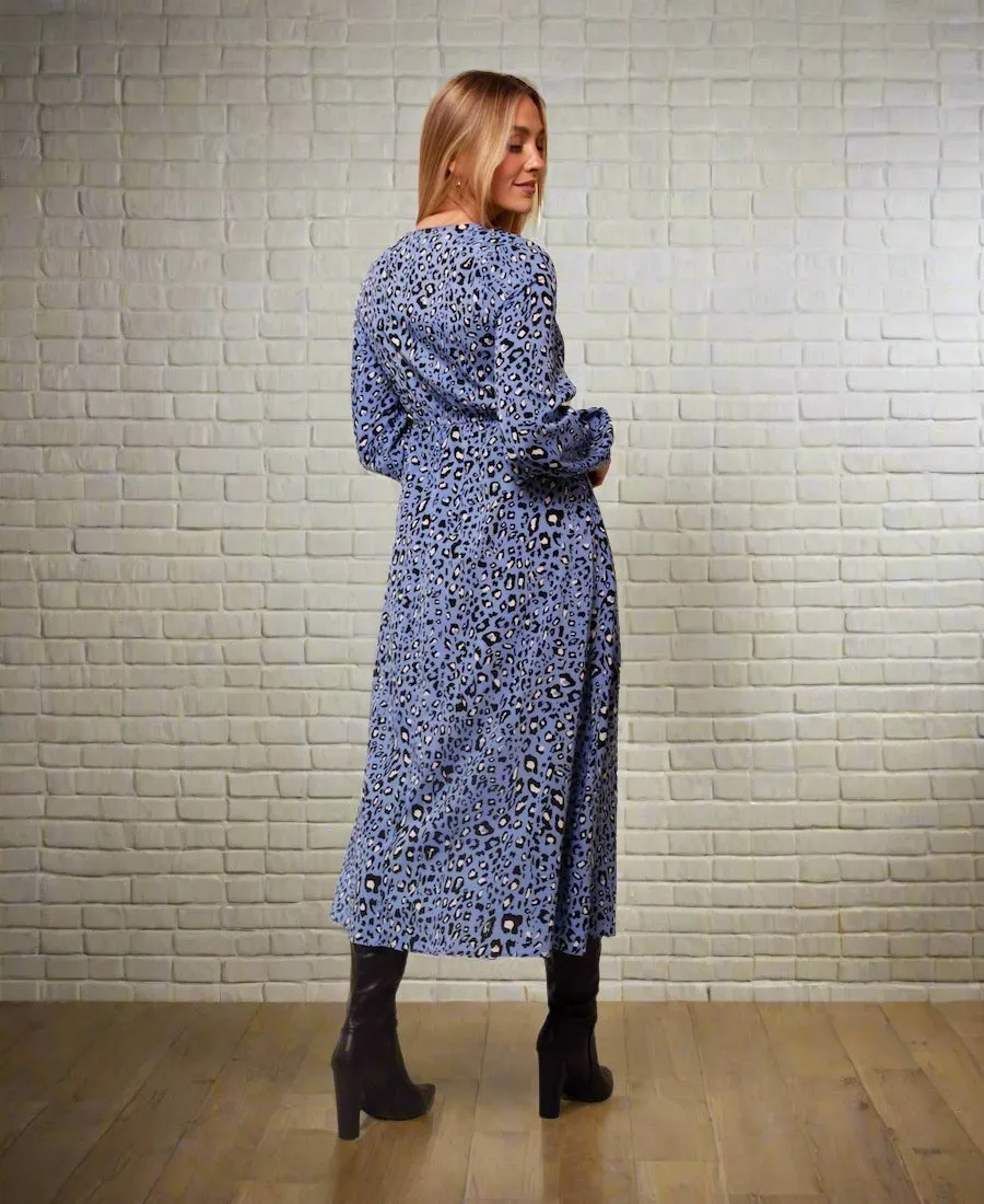 Blue Leopard Print Empire Waist Midi Dress