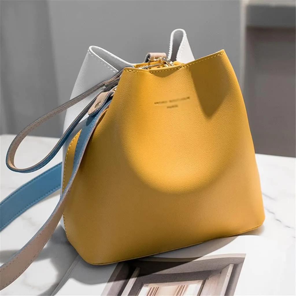 Bucket Bag Women's Temperament Fashion Contrast Color Shoulder Casual Oblique Handbag(White-Patch Five-Pointed star4)