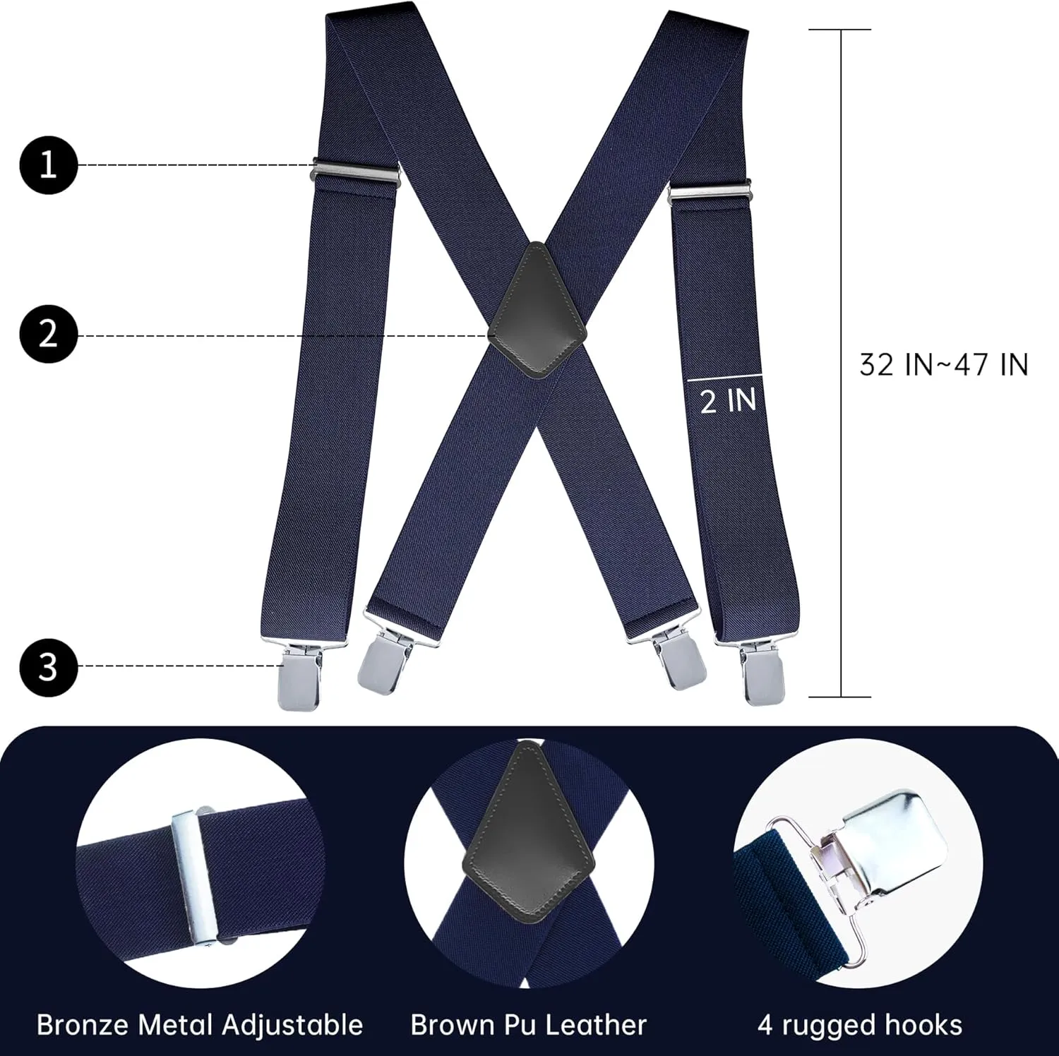 CADONO Men's 2 Inch Heavy Duty SuspendersAdjustable X-Back with Strong Clips for Work, Jeans, and More
