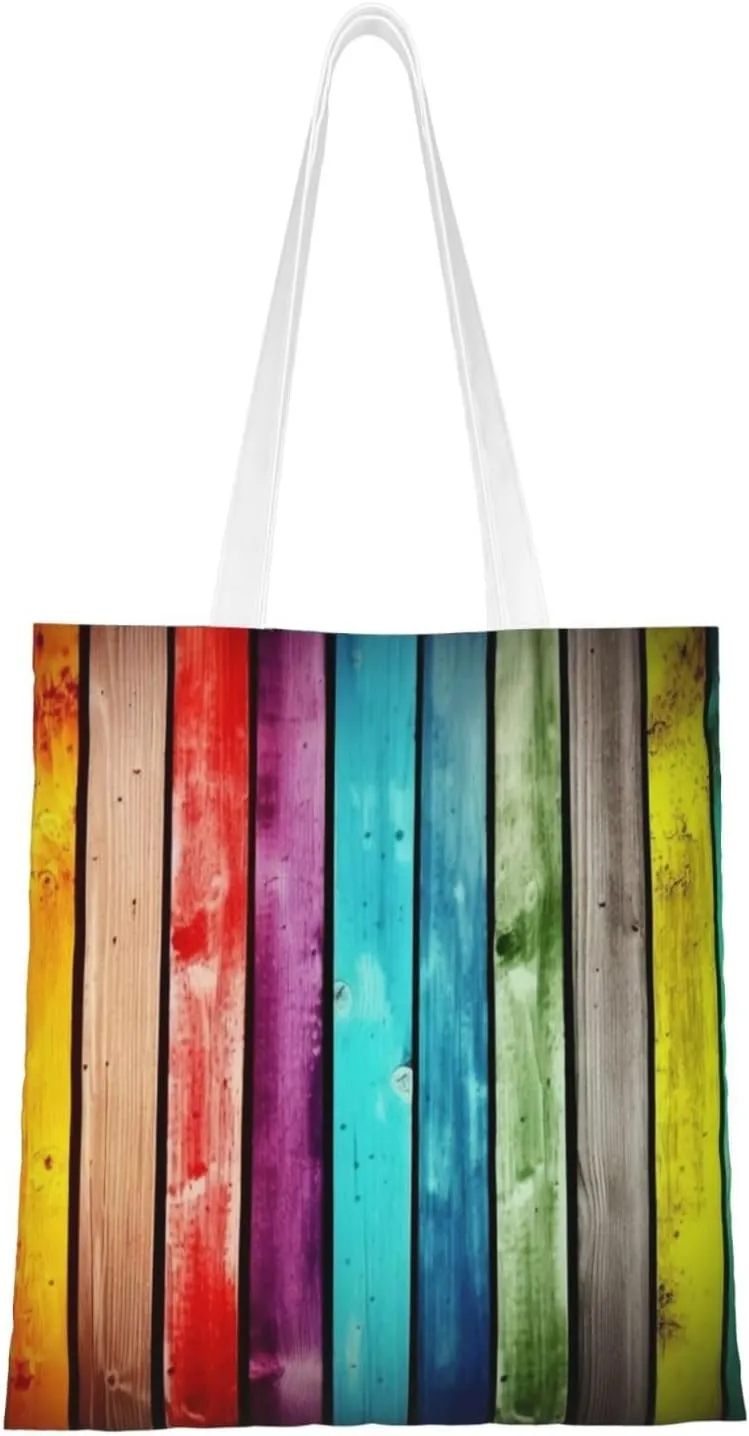 Canvas Tote Bag Aesthetic for Women Colorful Wooden Boards Shopping Bags Large Tote Shoulder Bag Reusable Grocery Bags Hobo Bags Casual Handbags Cute Cloth Bags Birthday Gifts