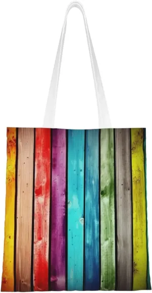 Canvas Tote Bag Aesthetic for Women Colorful Wooden Boards Shopping Bags Large Tote Shoulder Bag Reusable Grocery Bags Hobo Bags Casual Handbags Cute Cloth Bags Birthday Gifts