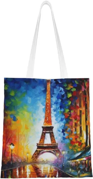 Canvas Tote Bag Aesthetic for Women paris eiffel tower painting Shopping Bags Large Tote Shoulder Bag Reusable Grocery Bags Hobo Bags Casual Handbags Cute Cloth Bags Birthday Gifts