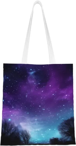 Canvas Tote Bag Aesthetic for Women Purple Starry Sky Shopping Bags Large Tote Shoulder Bag Reusable Grocery Bags Hobo Bags Casual Handbags Cute Cloth Bags Birthday Gifts